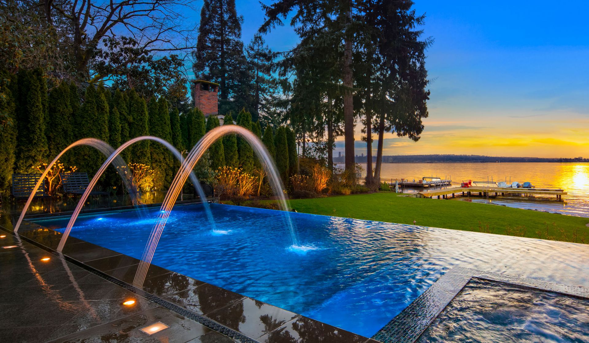 Beyond HiFi, smart home automation, sunset, control4 dealer, seattle washington, bellevue, outdoor automation, fountain, mansion